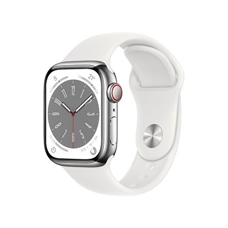 Apple Watch Series 8 GPS + Cellular 41 mm Gümüş Rengi Paslanmaz Çelik Kasa ve Beyaz Spor Kordon - Normal Boy - MNJ53TU/A